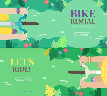 Bike rental. Vector set of illustrations in the flat style with a bikes, man, women and nature landscape: road, trees, flowers. Top view. Colorful concept perfect for web design, banners, advertising.のイラスト素材