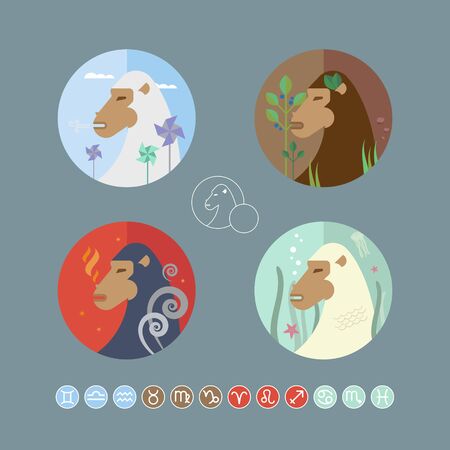 Set of horoscope icons with monkeys in flat style. The four elements of water, earth, air and fire. Vector constructor perfectly for annual zodiac horoscope. Easy editing. Symbol of 2016.のイラスト素材