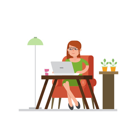 Business woman working in coworking in a chair with a laptop. The workspace with a bright decor, flowers and a lamp. Vector concept in a flat style. Workflow, distant work.のイラスト素材