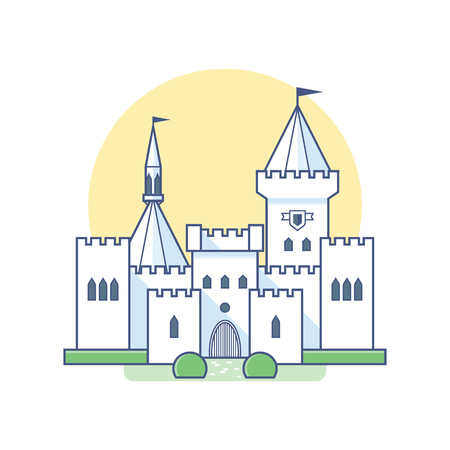 Medieval castle in linear flat style. Vector isolated illustration on white background. Snow-white palace with towers, gates and landscaping.のイラスト素材