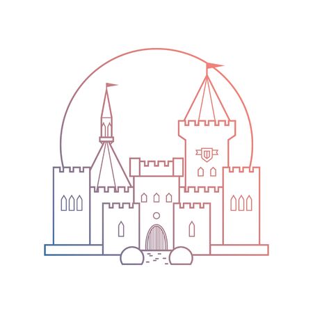 Medieval castle with a rainbow gradient fill in linear flat style. Vector isolated illustration on white background. Palace with towers, gates and landscaping.のイラスト素材