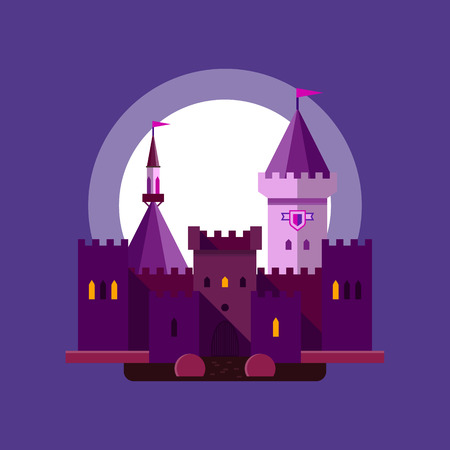 Colorful illustration of a night medieval castle. Vector illustration on purple background in linear flat style. Palace with towers, gates and landscaping on the background of night sky and moon.のイラスト素材
