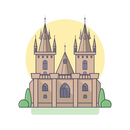 Medieval gothic castle in linear flat style. Vector isolated illustration on white background. Palace with towers, stained glass windows, columns and garden plantings.のイラスト素材