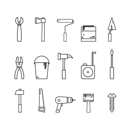 Set of renovation icons. Web collection of house repair tools: screwdriver, hammer, trowel, roller, drill, saw, bucket, paint, pliers, brush, bolt. Graphic design in line style.のイラスト素材