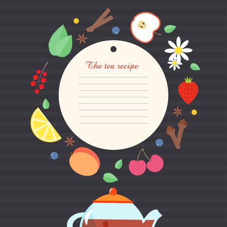 Chalkboard tea recipe. Vector template with fruits, berries and spice icons. Flat design perfectly for magazines, flyers and restaurant newsletters. Simple tea infographic.のイラスト素材