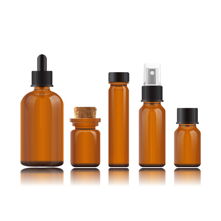 Vector realistic set bottles for essential oils, cosmetic products. Glass vials on reflective surface. Dropper bottle, vial with bamboo cover, flask, spray bottle, jar. Mockup on white background.のイラスト素材