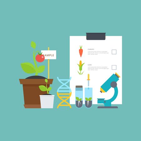 Simple botanical concept with vials, seedlings, plants, a microscope, a DNA molecule. Breeding and agriculture. Perfect for agricultural or scientific brochures, infographic, other materials.のイラスト素材