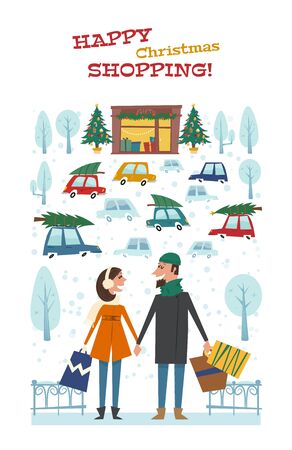 Happy Christmas shopping. Vector card with the married couple with bags in hands in Christmas city. Winter illustration on the background of the shop with Gifts, Christmas trees and cars.のイラスト素材
