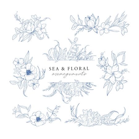 Hand drawn set of marine compositions isolated on white. Sea and floral arrangements. Vintage elements for invitations, greeting cards, covers and other items. Vector.のイラスト素材