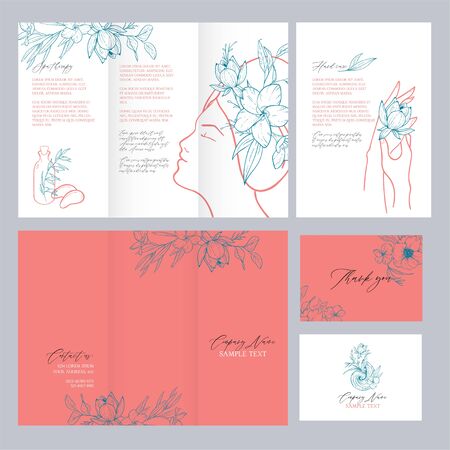 Spa concept. Vector template with a warm coral shade. Brochure, leaflet, thank you and a business card with place for your text. Fashion colection in the trend colors of living coral.のイラスト素材