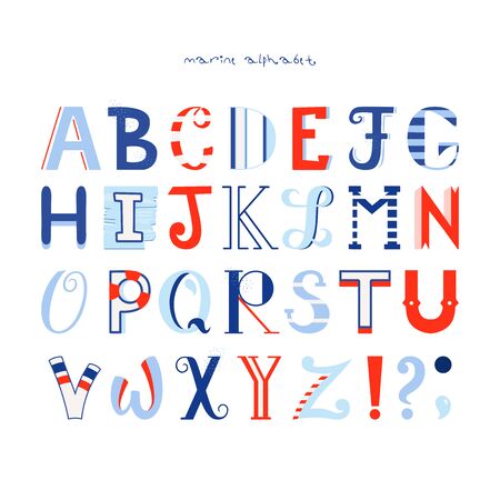 Vector childrens font in the marine style. Set of multicolored bright letters for inscriptions. Hand drawn typeface and signs. ABC.のイラスト素材