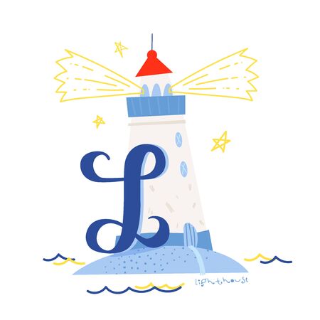 Funny marine alphabet for kids education. Vector handwritten typeface. Letter L is for a lighthouse. Cartoon alphabet. ABC.のイラスト素材