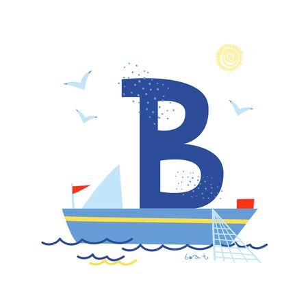 Funny marine alphabet for kids education. Vector handwritten typeface. Letter B is for a boat. Cartoon alphabet. ABC.のイラスト素材