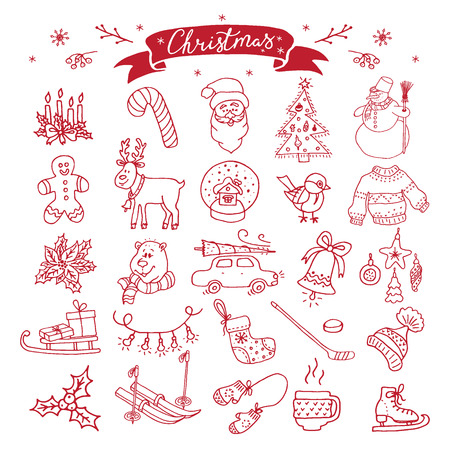 Big collection of Christmas doodles elements. Design set for winter holidays decoration.のイラスト素材