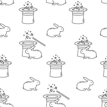 Seamless pattern of magic hat with magic wand and rabbit. Vector illustration in line style.のイラスト素材