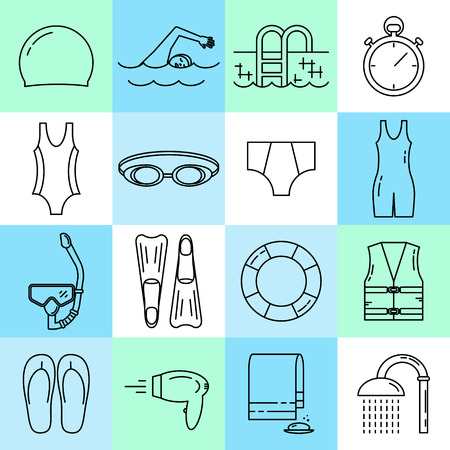 Swimming line icons set isolated on white background vector illustration.のイラスト素材