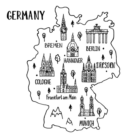 Handdrawn map of Germany with main symbols and lettering of main cities.  Poster design or postcard illustration.のイラスト素材