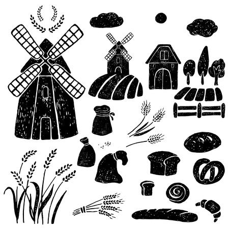 Hand drawn vector illustration windmill, wheat, farm house.のイラスト素材
