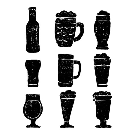 Set of beer mugs and bottle. Hand drawn vector illustration.のイラスト素材