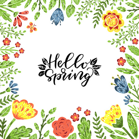 Hello spring.Hand drawn poster with hand lettering.のイラスト素材