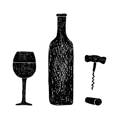 Hand-drawn illustration of the wine bottle and glass of wine,basic corkscrew, cork.のイラスト素材