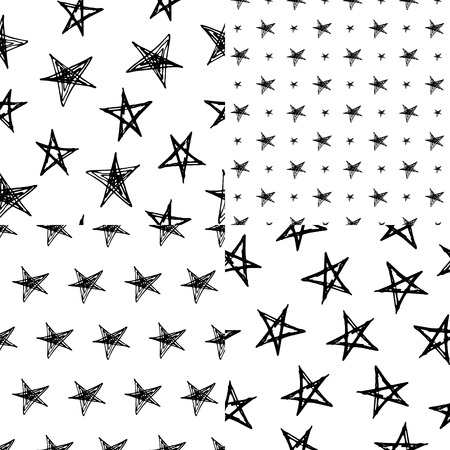 Set of hand-drawn doodle seamless patterns with stars.のイラスト素材