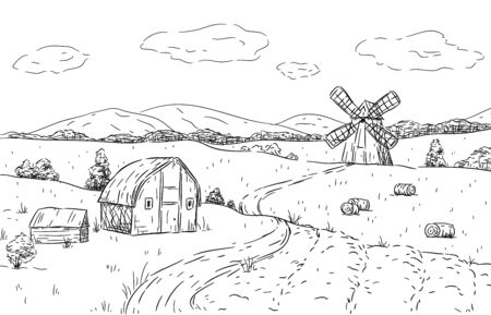 Vector hand drawn illustration of  rustic  landscape.のイラスト素材