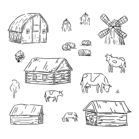 Vector hand drawn illustration of  houses,cows and mill.のイラスト素材