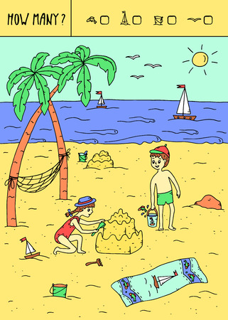 Vector illustration of counting game. Count how many fishes, ships,buckets,birds?のイラスト素材