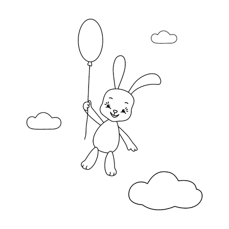 Coloring page. Vector illustration of cute bunny with balloon.のイラスト素材