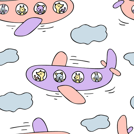 Hand drawn seamless pattern of airplane and cute animals.のイラスト素材