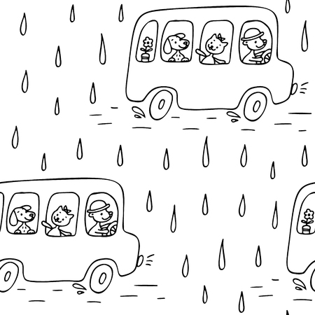 Hand drawn seamless pattern with bus, cute animals.のイラスト素材