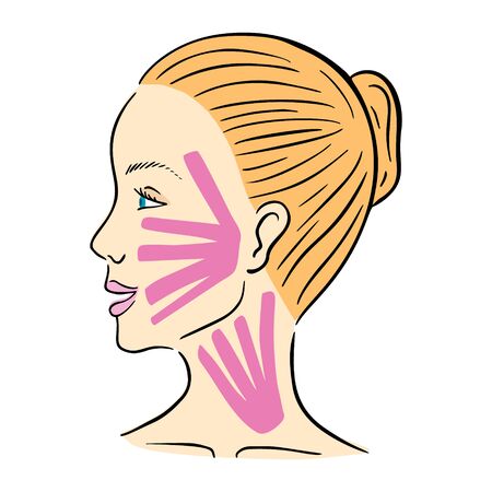 Young woman's profile face with facial kinesio tape. Vector illustration.のイラスト素材