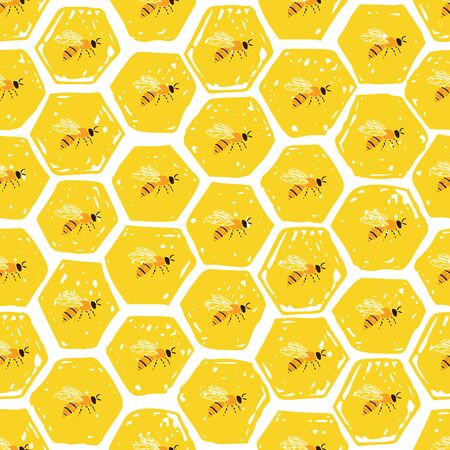 Seamless pattern of honeycomb and bees. Vector hand drawn illustration.のイラスト素材