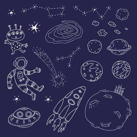 Cosmic set. Outline vector illustration of astronaut, spacecraft, planets, moon, alien, constellations, comet.のイラスト素材