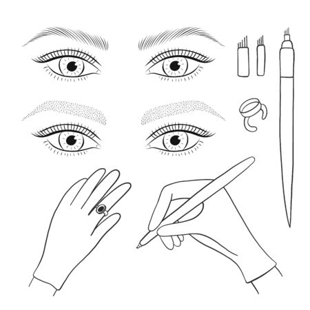Microblading, microshading eyebrows. Woman's eyes and eyebrows. Tools. Vector set.のイラスト素材