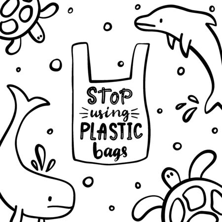 Stop using plastic bags. Motivational phrase. Vector illustration with lettering.のイラスト素材