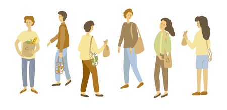 Zero waste. Set of hand drawn women, men. Vector illustration.のイラスト素材