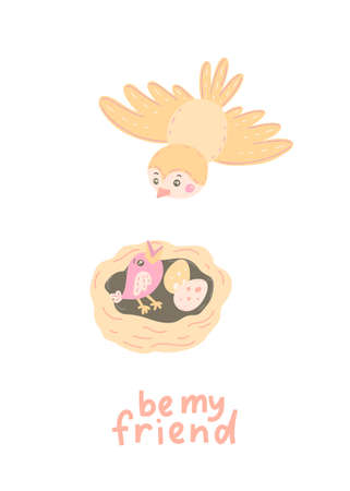 Poster with birds, eggs, nest and hand drawn lettering phrase. Be my friend. Vector illustration.のイラスト素材