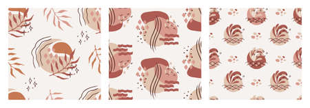 Set of seamless patterns. Trendy illustration of organic abstract shapes and doodle objects.