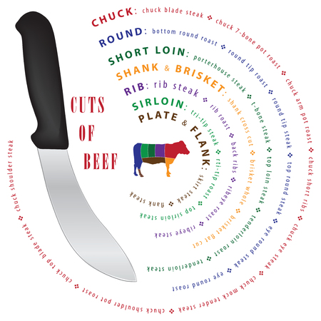 The scheme of cutting beef for cooking with options for dishes.のイラスト素材