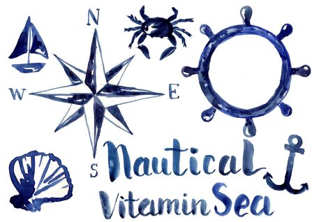 Nautical elements, blue watercolor illustration. Greeting card decoration.