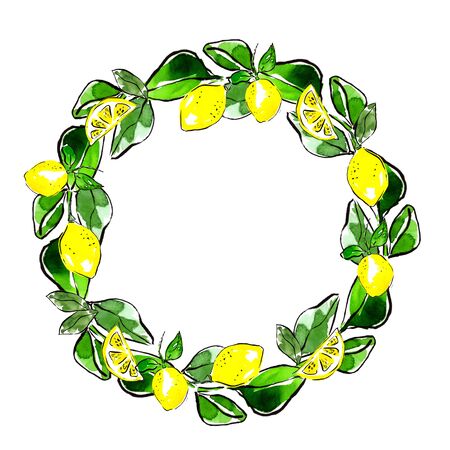 Wreath of leaves and lemons with space for text. Yellow summer fresh fruits. Picture for scrapbooking. Napkins design, package illustration.の写真素材