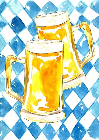 October fest, light beer mugs watercolor drawn, bar, pub, beer package.の写真素材