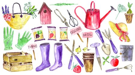 Garden tools watercolor set. Elements for stickers and illustrations. Spring time design. Gardening book design. Permaculture.の写真素材