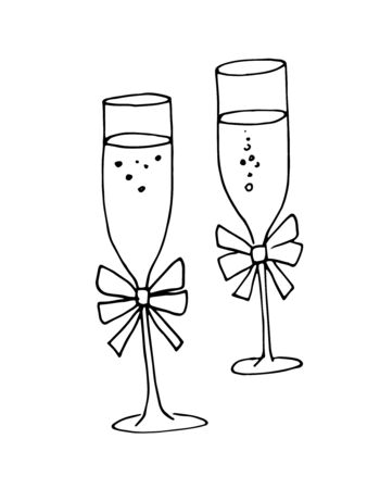 wedding glasses of champagne with bows. doodle style, line art. Illustration fro invitation and menu. Greeting card.のイラスト素材