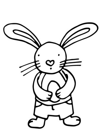 Cute bunny holding easter egg, outline illustration, vector, coloring page with animal.のイラスト素材