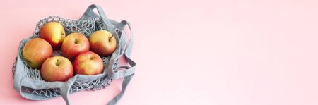 Banner food delivery, apples in string bag, fresh veggetables, healthy, quarantine help, online...
