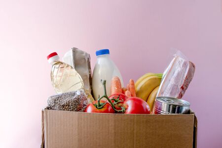 Food delivery box with grocery, donate, online shopping. Fodstuff.の写真素材