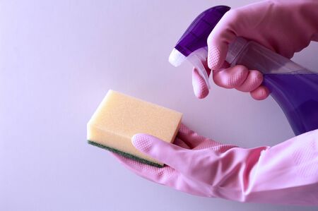 human hands in rubber gloves holding sponge and spray bottle detergent. House cleaning concept,...